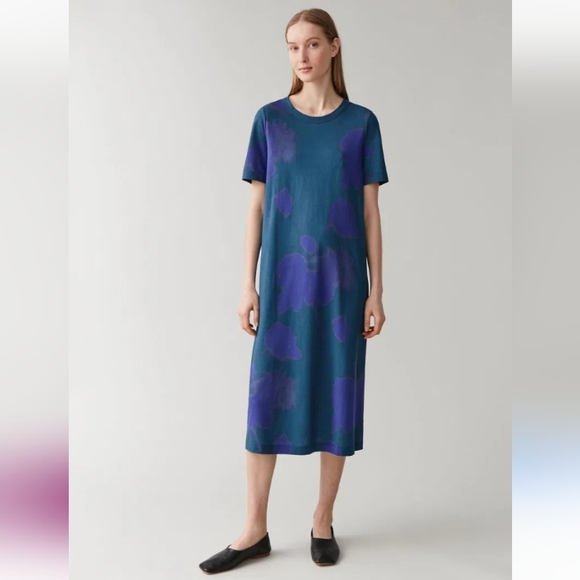 COS Drawstring Organic Cotton T-Shirt Midi Dress Blue L - Picture 2 of 15